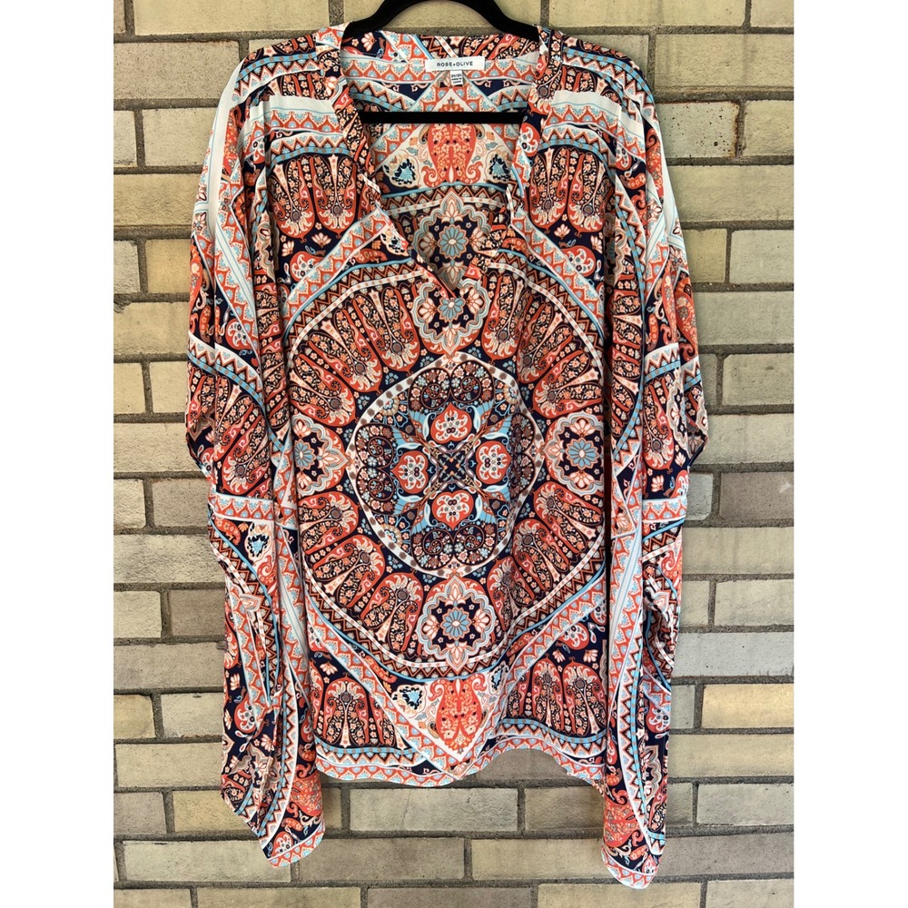 Rose + Olive Orange Blue Paisley Medallion Kaftan‎ Top Plus Size 2X/3X